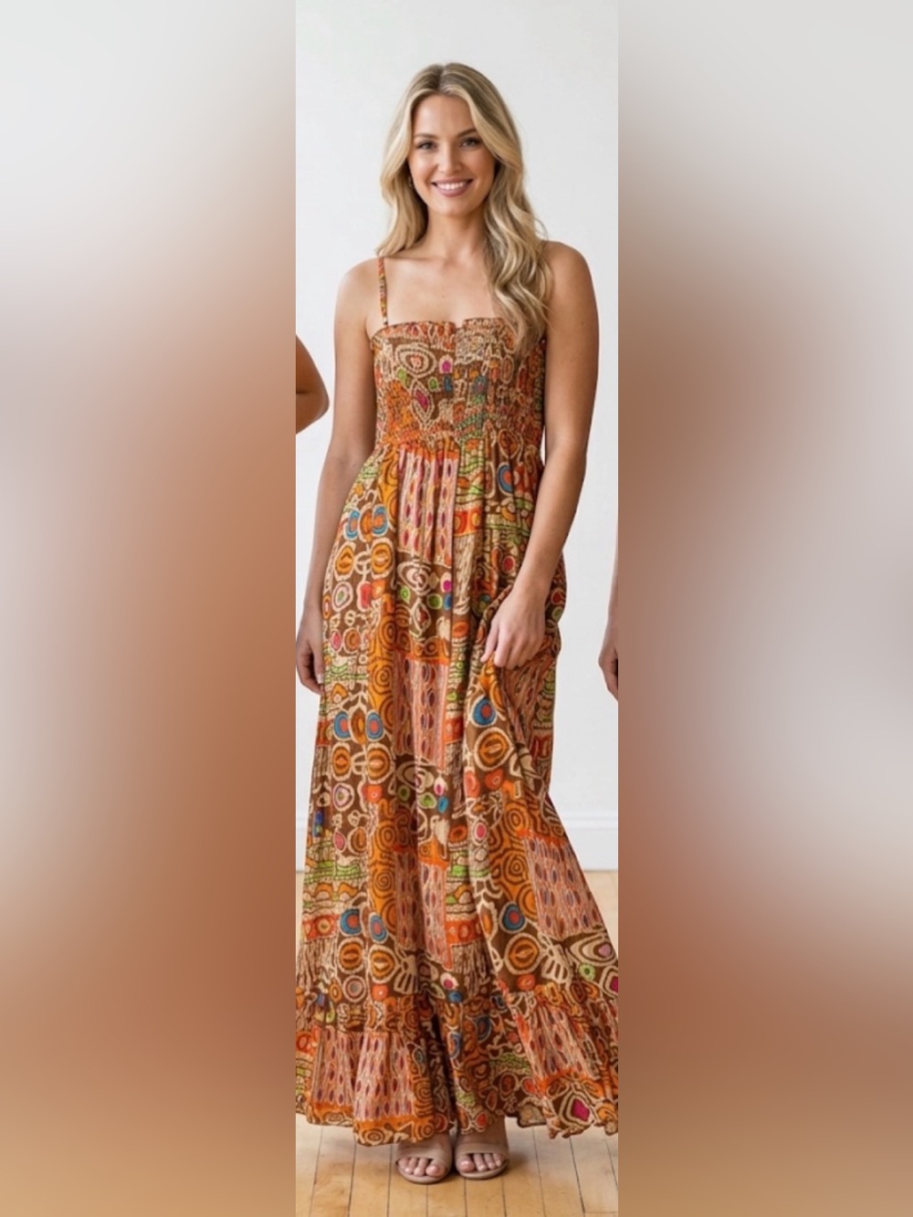 Smocked Boho Maxi Dress in Orange Multi colored dress size small NWT